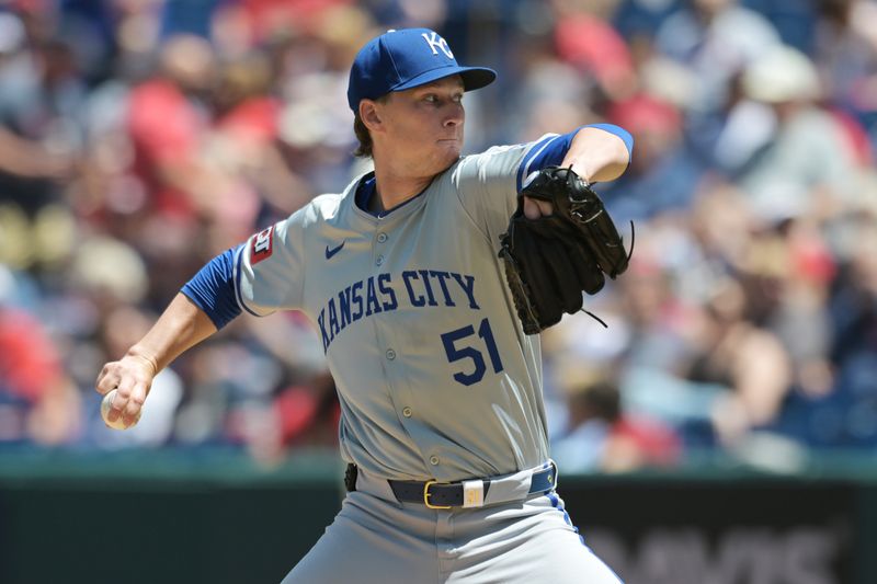 Jun 6, 2024; Cleveland, Ohio, USA; Kansas City Royals starting pitcher Brady Singer (51) throws a pitch during the first inning against the Cleveland Guardians at Progressive Field. Mandatory Credit: Ken Blaze-USA TODAY Sports