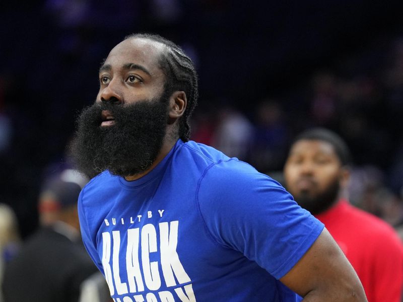 PHILADELPHIA, PA - FEBRUARY 1: James Harden #1 of the Philadelphia 76ers warms up before the game against the Orlando Magic on February 1, 2023 at the Wells Fargo Center in Philadelphia, Pennsylvania NOTE TO USER: User expressly acknowledges and agrees that, by downloading and/or using this Photograph, user is consenting to the terms and conditions of the Getty Images License Agreement. Mandatory Copyright Notice: Copyright 2023 NBAE (Photo by Jesse D. Garrabrant/NBAE via Getty Images)