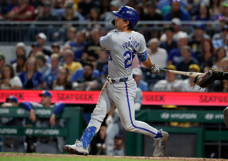 Sep 13, 2024; Pittsburgh, Pennsylvania, USA;  Kansas City Royals third baseman Adam Frazier (26) hits a solo home run against the Pittsburgh Pirates during the eighth inning at PNC Park. Mandatory Credit: Charles LeClaire-Imagn Images
