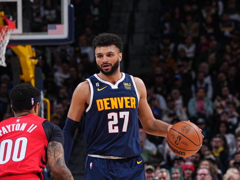 DENVER, CO - JANUARY 17: Jamal Murray #27 of the Denver Nuggets dribbles the ball during the game against the Portland Trail Blazers on January 17, 2023 at the Ball Arena in Denver, Colorado. NOTE TO USER: User expressly acknowledges and agrees that, by downloading and/or using this Photograph, user is consenting to the terms and conditions of the Getty Images License Agreement. Mandatory Copyright Notice: Copyright 2023 NBAE (Photo by Garrett Ellwood/NBAE via Getty Images)