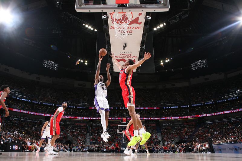 NEW ORLEANS, LA - APRIL 19: Harrison Barnes #40 of the Sacramento Kings shoots the ball during the game against the New Orleans Pelicans during the 2024 NBA Play-In Tournament on April 19, 2024 at the Smoothie King Center in New Orleans, Louisiana. NOTE TO USER: User expressly acknowledges and agrees that, by downloading and or using this Photograph, user is consenting to the terms and conditions of the Getty Images License Agreement. Mandatory Copyright Notice: Copyright 2024 NBAE (Photo by Layne Murdoch Jr./NBAE via Getty Images)