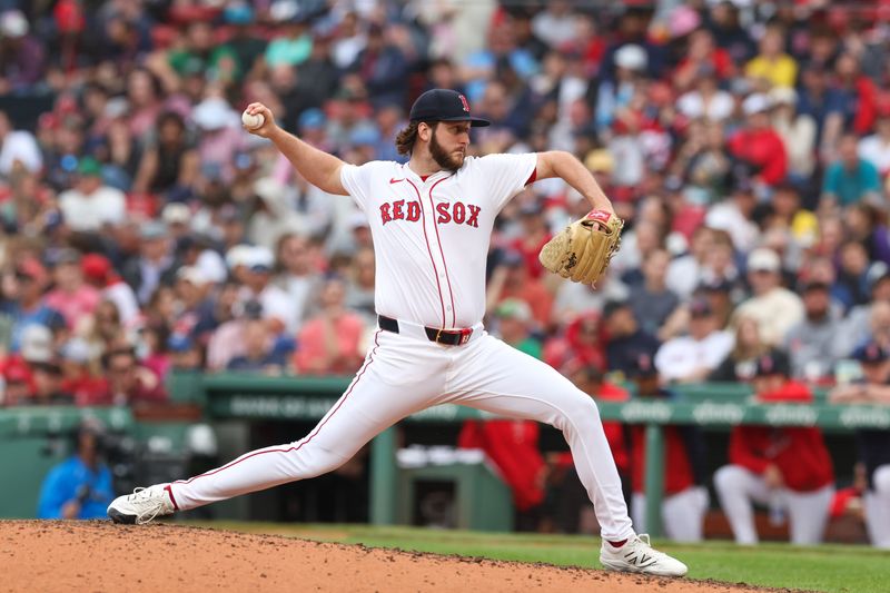 May 4, 2025; Boston, Massachusetts, USA; Boston Red Sox relief pitcher Justin Slaten (63) delivers a pitch during the eighth inning against the Minnesota Twins at Fenway Park. Mandatory Credit: Paul Rutherford-Imagn Images