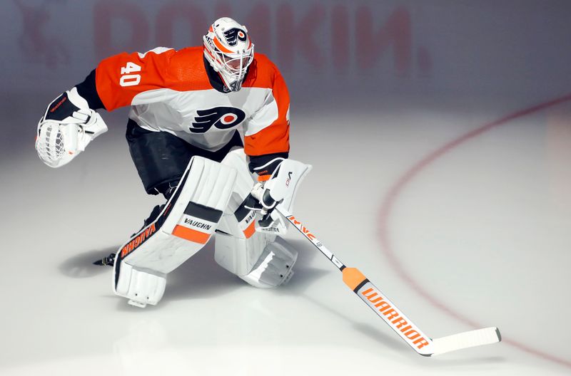 Feb 25, 2024; Pittsburgh, Pennsylvania, USA;  Philadelphia Flyers goaltender Cal Petersen (40) takes the ice to warm up before the game against the Pittsburgh Penguins at PPG Paints Arena. Mandatory Credit: Charles LeClaire-USA TODAY Sports