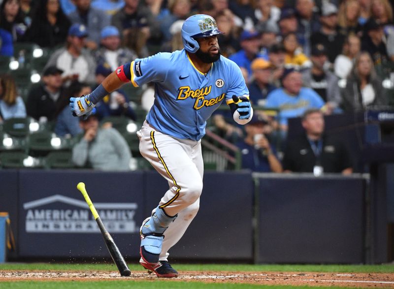 Sep 15, 2023; Milwaukee, Wisconsin, USA; Milwaukee Brewers first baseman Carlos Santana (50) grounds out in the fourth inning agains the Washington Nationals at American Family Field. Mandatory Credit: Michael McLoone-USA TODAY Sports