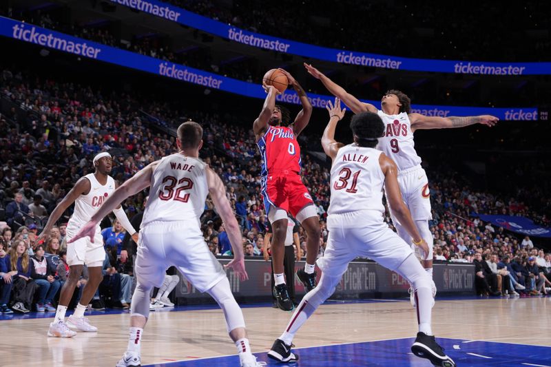 PHILADELPHIA, PA - FEBRUARY 23: Tyrese Maxey #0 of the Philadelphia 76ers shoots the ball during the game against the Cleveland Cavaliers on February 23, 2024 at the Wells Fargo Center in Philadelphia, Pennsylvania NOTE TO USER: User expressly acknowledges and agrees that, by downloading and/or using this Photograph, user is consenting to the terms and conditions of the Getty Images License Agreement. Mandatory Copyright Notice: Copyright 2024 NBAE (Photo by Jesse D. Garrabrant/NBAE via Getty Images)