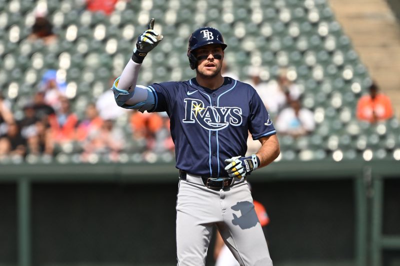 Jun 28, 2025; Baltimore, Maryland, USA; Tampa Bay Rays right fielder Josh Lowe (15) celebrates after hitting a double against the Baltimore Orioles during the first inning at Oriole Park at Camden Yards. Mandatory Credit: Rafael Suanes-Imagn Images