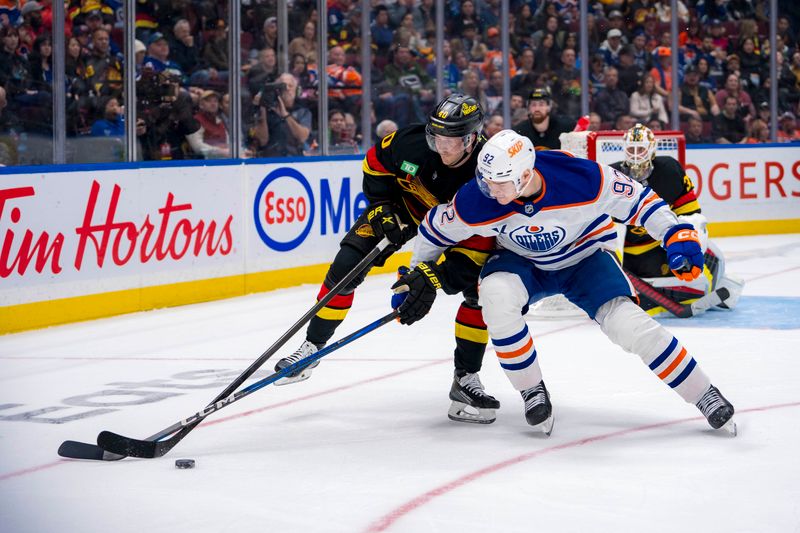 Nov 9, 2024; Vancouver, British Columbia, CAN; Edmonton Oilers forward Vasily Podkolzin (92) stick checks Vancouver Canucks forward Elias Pettersson (40) during the third period at Rogers Arena. Mandatory Credit: Bob Frid-Imagn Images