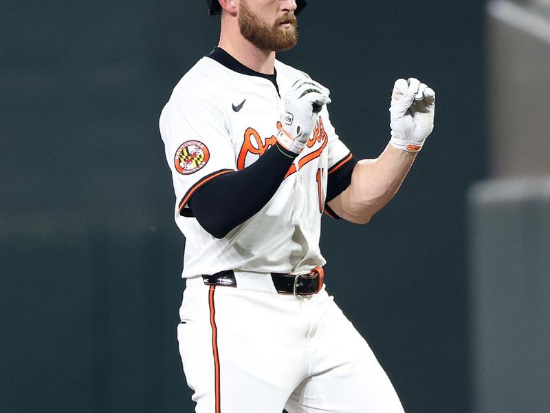 Sep 23, 2025; Baltimore, Maryland, USA; Baltimore Orioles third baseman Jordan Westburg (11) celebrates after hitting a single during the seventh inning against the Tampa Bay Rays at Oriole Park at Camden Yards. Mandatory Credit: Daniel Kucin Jr.-Imagn Images