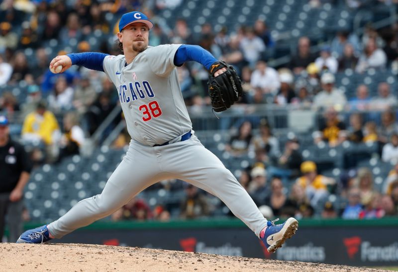 May 12, 2024; Pittsburgh, Pennsylvania, USA;  Chicago Cubs relief pitcher Mark Leiter Jr. (38) pitches against the Pittsburgh Pirates during the eighth inning at PNC Park. Mandatory Credit: Charles LeClaire-USA TODAY Sports