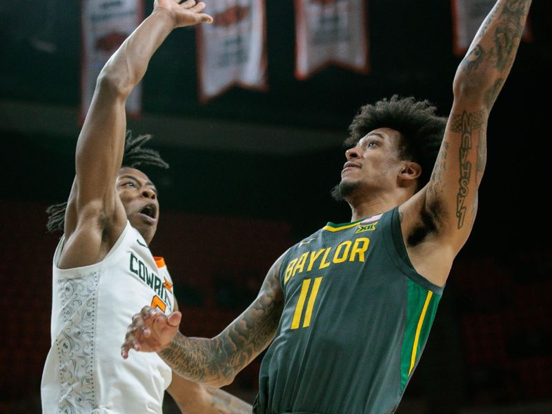 Jan 6, 2024; Stillwater, Oklahoma, USA; Baylor Bears forward Jalen Bridges (11) puts up a shot over Oklahoma State Cowboys guard Quion Williams (5) during the second half at Gallagher-Iba Arena. Mandatory Credit: William Purnell-USA TODAY Sports