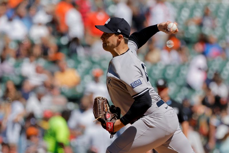 Aug 31, 2023; Detroit, Michigan, USA; New York Yankees relief pitcher Tommy Kahnle (41) pitches in the seventh inning against the Detroit Tigers at Comerica Park. Mandatory Credit: Rick Osentoski-USA TODAY Sports