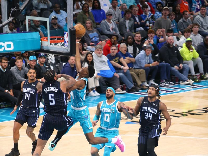 CHARLOTTE, NC - APRIL 5: Brandon Miller #24 of the Charlotte Hornets drives to the basket during the game against the Orlando Magic on April 5, 2024 at Spectrum Center in Charlotte, North Carolina. NOTE TO USER: User expressly acknowledges and agrees that, by downloading and or using this photograph, User is consenting to the terms and conditions of the Getty Images License Agreement. Mandatory Copyright Notice: Copyright 2024 NBAE (Photo by Kent Smith/NBAE via Getty Images)