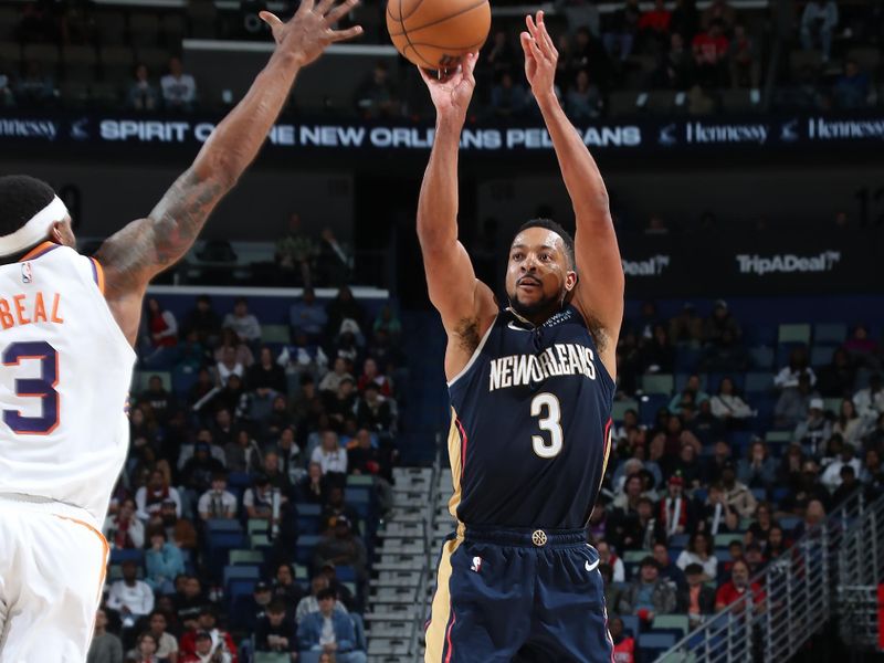 NEW ORLEANS, LA - DECEMBER 5: CJ McCollum #3 of the New Orleans Pelicans shoots a three point basket during the game against the Phoenix Suns on December 5, 2024 at the Smoothie King Center in New Orleans, Louisiana. NOTE TO USER: User expressly acknowledges and agrees that, by downloading and or using this Photograph, user is consenting to the terms and conditions of the Getty Images License Agreement. Mandatory Copyright Notice: Copyright 2024 NBAE (Photo by Layne Murdoch Jr./NBAE via Getty Images)