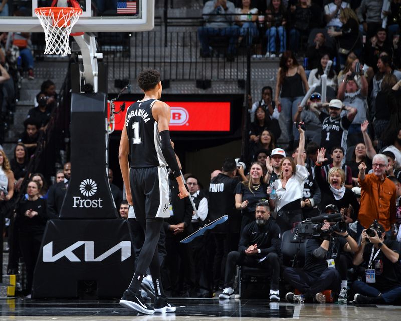 SAN ANTONIO, TX - NOVEMBER 9: Victor Wembanyama #1 of the San Antonio Spurs celebrates during the game against the Utah Jazz on November 9, 2024 at the Frost Bank Center in San Antonio, Texas. NOTE TO USER: User expressly acknowledges and agrees that, by downloading and or using this photograph, user is consenting to the terms and conditions of the Getty Images License Agreement. Mandatory Copyright Notice: Copyright 2024 NBAE (Photos by Michael Gonzales/NBAE via Getty Images)