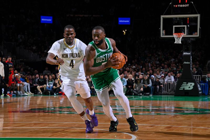 BOSTON, MA - JANUARY 12: Jaylen Brown #7 of the Boston Celtics drives to the basket during the game against the New Orleans Pelicans on January 12, 2025 at TD Garden in Boston, Massachusetts. NOTE TO USER: User expressly acknowledges and agrees that, by downloading and/or using this Photograph, user is consenting to the terms and conditions of the Getty Images License Agreement. Mandatory Copyright Notice: Copyright 2025 NBAE (Photo by Brian Babineau/NBAE via Getty Images)