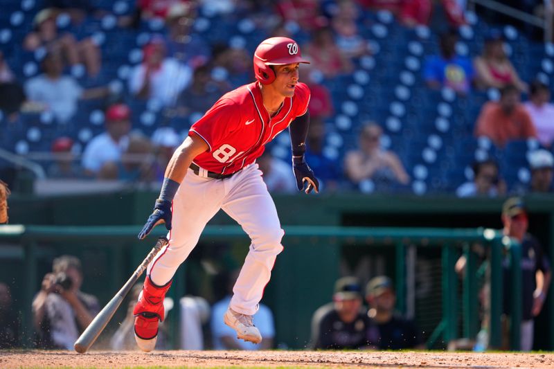 Sep 3, 2023; Washington, District of Columbia, USA;  Washington Nationals catcher Drew Millas (81) runs out a single against the Miami Marlins during the seventh inning at Nationals Park. Mandatory Credit: Gregory Fisher-USA TODAY Sports