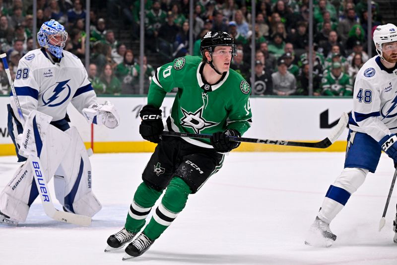 Mar 20, 2025; Dallas, Texas, USA; Dallas Stars center Oskar Back (10) skates against the Tampa Bay Lightning during the second period at the American Airlines Center. Mandatory Credit: Jerome Miron-Imagn Images