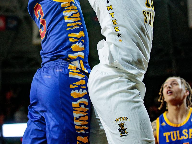 Jan 14, 2023; Wichita, Kansas, USA; Tulsa Golden Hurricane guard Sterling Gaston-Chapman (3) fouls Wichita State Shockers forward Kenny Pohto (11) during the second half at Charles Koch Arena. Mandatory Credit: William Purnell-USA TODAY Sports