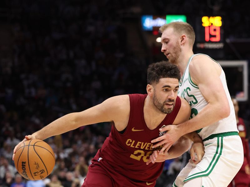 CLEVELAND, OH - DECEMBER 1: Georges Niang #20 of the Cleveland Cavaliers drives to the basket during the game against the Boston Celtics on December 1, 2024 at Rocket Mortgage FieldHouse in Cleveland, Ohio. NOTE TO USER: User expressly acknowledges and agrees that, by downloading and/or using this Photograph, user is consenting to the terms and conditions of the Getty Images License Agreement. Mandatory Copyright Notice: Copyright 2024 NBAE (Photo by  Lauren Leigh Bacho/NBAE via Getty Images)