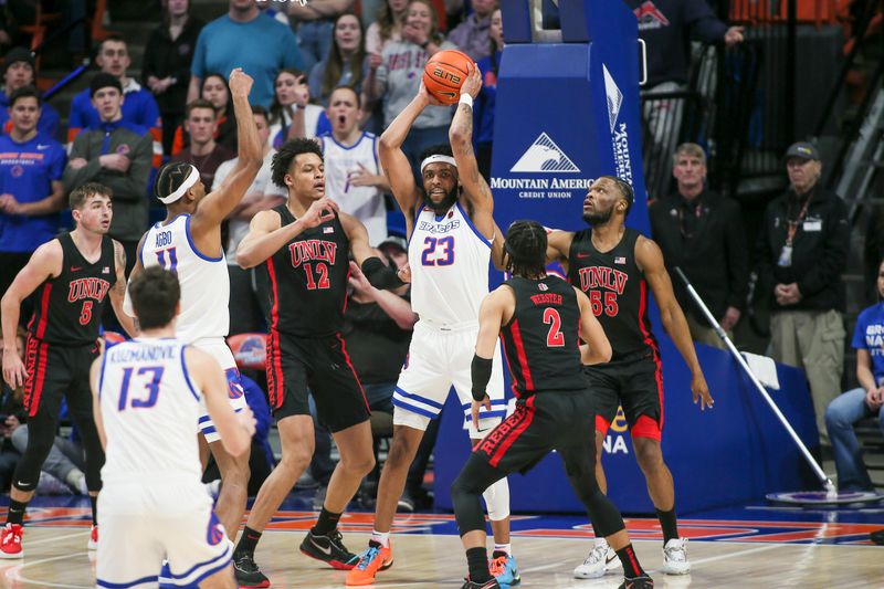 Feb 19, 2023; Boise, Idaho, USA; Boise State Broncos forward Naje Smith (23) secures offensive rebound during the first half at ExtraMile Arena against the UNLV Rebels. Mandatory Credit: Brian Losness-USA TODAY Sports

