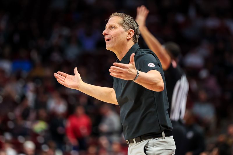 Feb 4, 2023; Columbia, South Carolina, USA; Arkansas Razorbacks head coach Eric Musselman reacts to a call against the South Carolina Gamecocks in the second half at Colonial Life Arena. Mandatory Credit: Jeff Blake-USA TODAY Sports