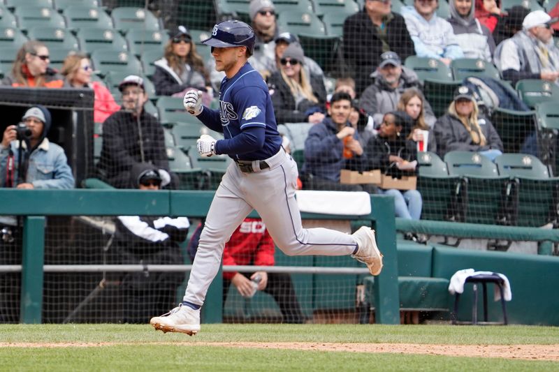 Apr 30, 2023; Chicago, Illinois, USA; Tampa Bay Rays shortstop Taylor Walls (6) runs the bases after hitting a home run against the Chicago White Sox during the fourth inning at Guaranteed Rate Field. Mandatory Credit: David Banks-USA TODAY Sports