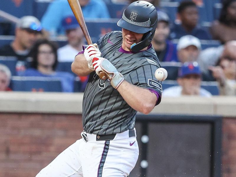 Sep 20, 2025; New York City, New York, USA; New York Mets first baseman Pete Alonso (20) gets hit by a pitch in the eighth inning against the Washington Nationals at Citi Field. Mandatory Credit: Wendell Cruz-Imagn Images