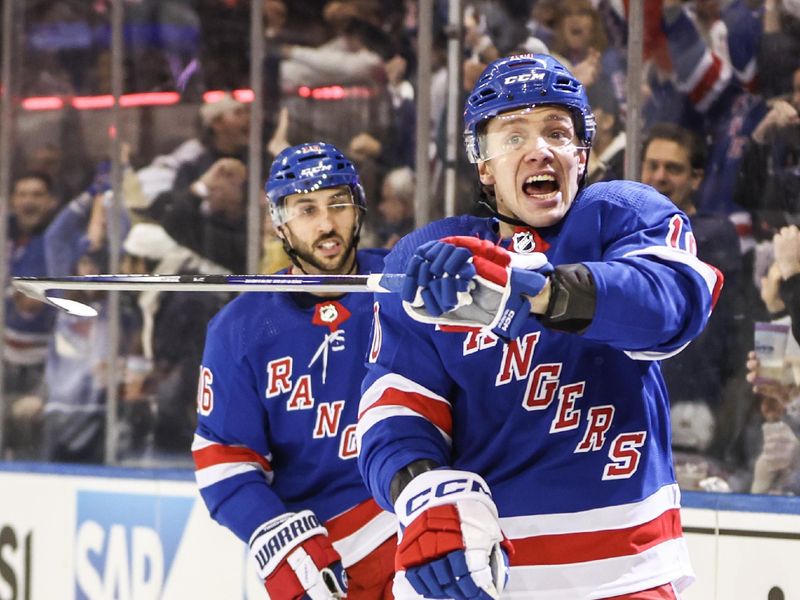 Apr 21, 2024; New York, New York, USA; New York Rangers left wing Artemi Panarin (10) celebrates after scoring a goal in the second period against the Washington Capitals in game one of the first round of the 2024 Stanley Cup Playoffs at Madison Square Garden. Mandatory Credit: Wendell Cruz-USA TODAY Sports