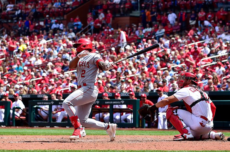 May 4, 2023; St. Louis, Missouri, USA;  Los Angeles Angels second baseman Luis Rengifo (2) hits a double against the St. Louis Cardinals during the seventh inning at Busch Stadium. Mandatory Credit: Jeff Curry-USA TODAY Sports