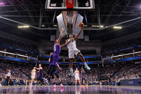 SACRAMENTO, CA - DECEMBER 16: Colin Sexton #2 of the Utah Jazz drives to the basket during the game against the Sacramento Kings on December 16, 2023 at Golden 1 Center in Sacramento, California. NOTE TO USER: User expressly acknowledges and agrees that, by downloading and or using this Photograph, user is consenting to the terms and conditions of the Getty Images License Agreement. Mandatory Copyright Notice: Copyright 2023 NBAE (Photo by Rocky Widner/NBAE via Getty Images)