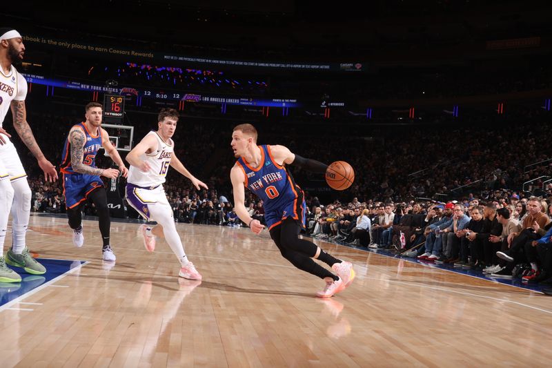 NEW YORK, NY - FEBRUARY 3: Donte Divincenzo #0 of the New York Knicks drives to the basket during the game against the Los Angeles Lakers on February 3, 2024 at Madison Square Garden in New York City, New York.  NOTE TO USER: User expressly acknowledges and agrees that, by downloading and or using this photograph, User is consenting to the terms and conditions of the Getty Images License Agreement. Mandatory Copyright Notice: Copyright 2024 NBAE  (Photo by Nathaniel S. Butler/NBAE via Getty Images)