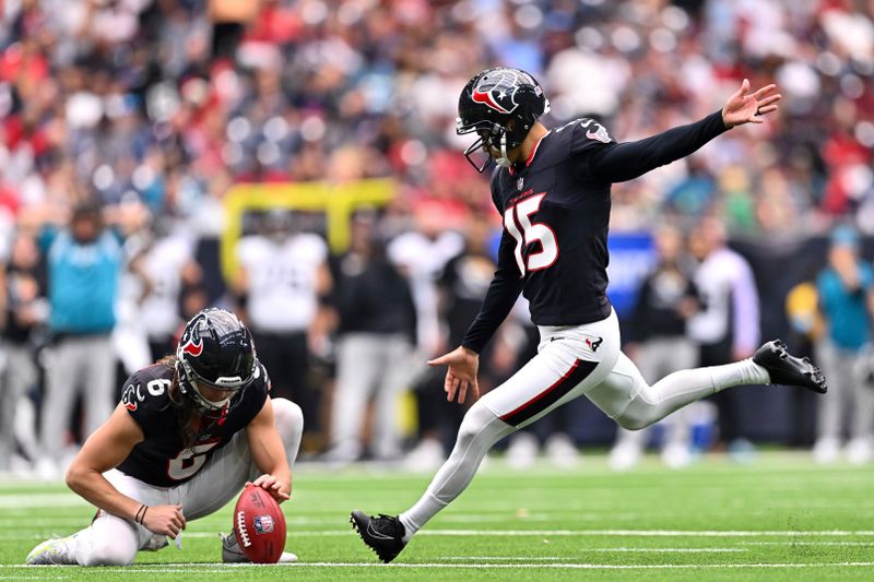 Houston Texans place kicker Ka'imi Fairbairn (15) kicks a field goal in the second quarter against the Jacksonville Jaguars during an NFL football game, Sunday, Sept. 29, 2024 in Houston. (AP Photo/Maria Lysaker)