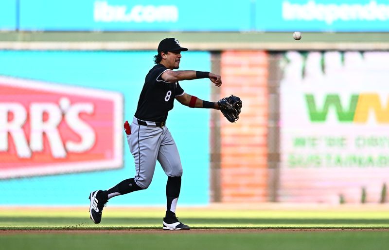 Apr 20, 2024; Philadelphia, Pennsylvania, USA; Chicago White Sox second baseman Nicky Lopez (8) throws to first against the Philadelphia Phillies in the first inning at Citizens Bank Park. Mandatory Credit: Kyle Ross-USA TODAY Sports