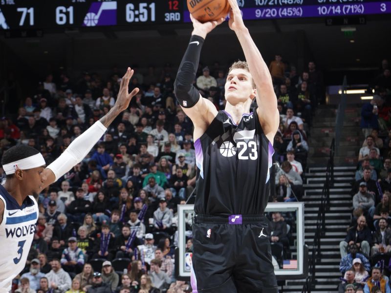 SALT LAKE CITY, UT - JANUARY 30:  Lauri Markkanen #23 of the Utah Jazz shoots a three point basket during the game against the Minnesota Timberwolves on January 30, 2025 at Delta Center in Salt Lake City, Utah. NOTE TO USER: User expressly acknowledges and agrees that, by downloading and or using this Photograph, User is consenting to the terms and conditions of the Getty Images License Agreement. Mandatory Copyright Notice: Copyright 2025 NBAE (Photo by Melissa Majchrzak/NBAE via Getty Images)