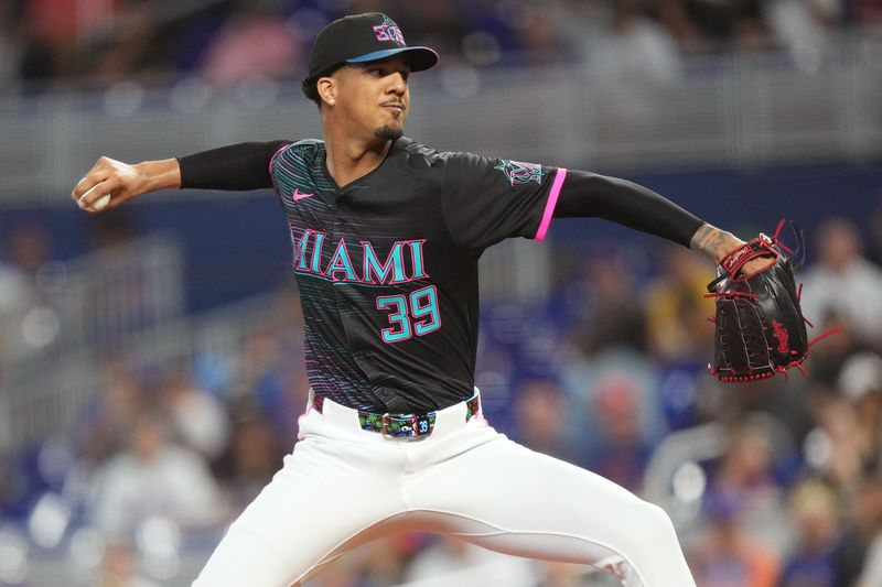 Sep 27, 2025; Miami, Florida, USA;  Miami Marlins pitcher Eury Pérez (39) pitches in the first inning against the New York Mets at loanDepot Park. Mandatory Credit: Jim Rassol-Imagn Images