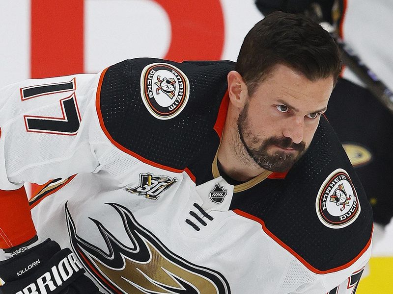 Nov 26, 2023; Edmonton, Alberta, CAN; Anaheim Ducks forward Alex Killorn (17) skates during warmup against the Edmonton Oilers at Rogers Place. Mandatory Credit: Perry Nelson-USA TODAY Sports