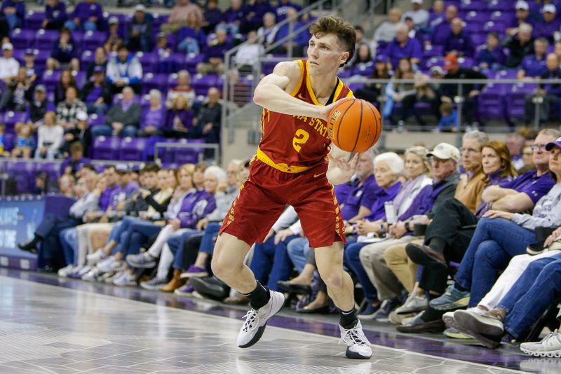 Jan 7, 2023; Fort Worth, Texas, USA; Iowa State Cyclones guard Caleb Grill (2) makes a bounce pass during the second half against the TCU Horned Frogs at Ed and Rae Schollmaier Arena. Mandatory Credit: Andrew Dieb-USA TODAY Sports