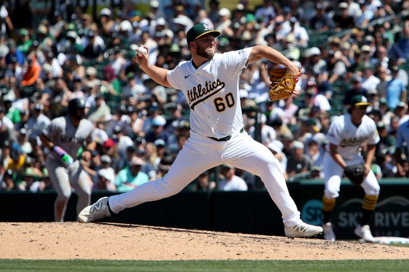 May 10, 2025; West Sacramento, California, USA; Athletics pitcher Justin Sterner (60) throws a pitch against the New York Yankees during the sixth inning at Sutter Health Park. Mandatory Credit: Dennis Lee-Imagn Images