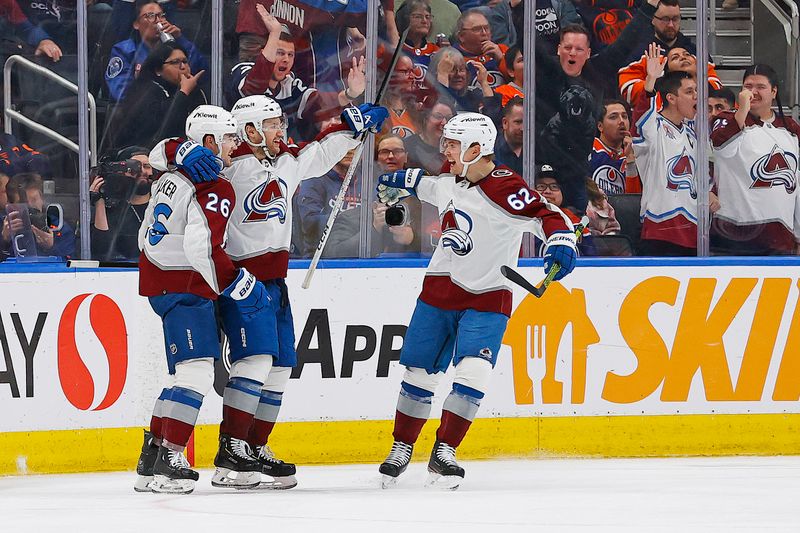 Mar 16, 2024; Edmonton, Alberta, CAN; The Colorado Avalanche celebrate a goal scored by defensemen Sean Walker (26) during the third period against the Edmonton Oilers at Rogers Place. Mandatory Credit: Perry Nelson-USA TODAY Sports