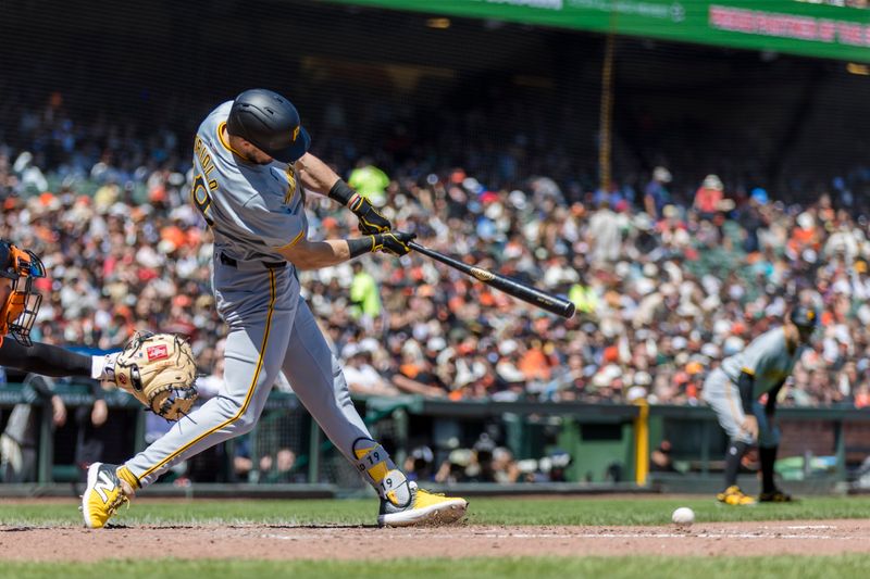 Apr 28, 2024; San Francisco, California, USA;  Pittsburgh Pirates second baseman Jared Triolo (19) grounds out but drives in a run against the San Francisco Giants during the fifth inning at Oracle Park. Mandatory Credit: John Hefti-USA TODAY Sports