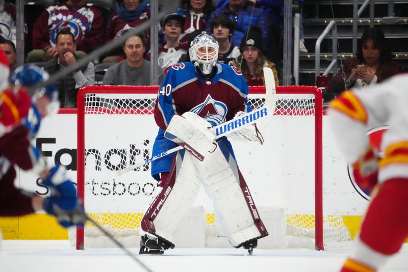 Dec 11, 2023; Denver, Colorado, USA; Colorado Avalanche goaltender Alexandar Georgiev (40) during the second period against the Calgary Flames at Ball Arena. Mandatory Credit: Ron Chenoy-USA TODAY Sports