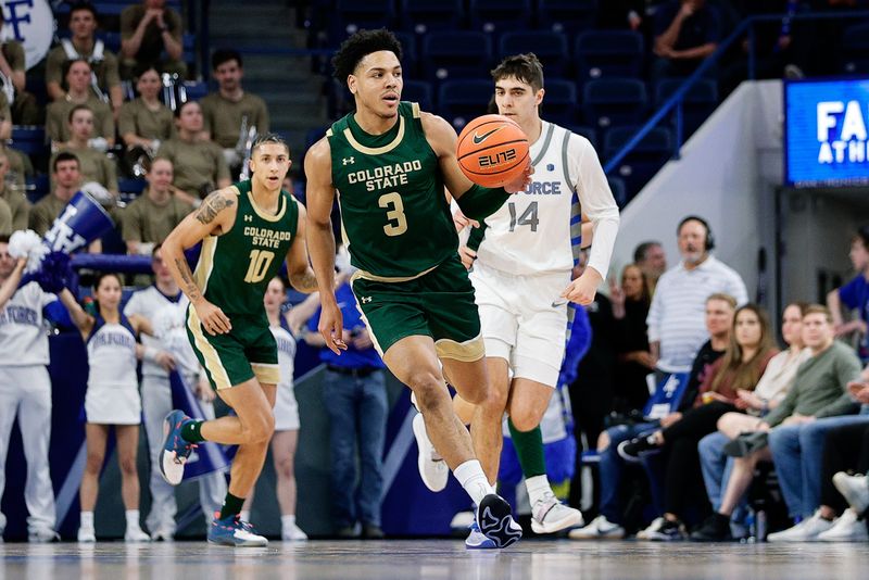 Mar 9, 2024; Colorado Springs, Colorado, USA; Colorado State Rams guard Josiah Strong (3) dribbles the ball up court ahead of Air Force Falcons forward Beau Becker (14) and guard Nique Clifford (10) in the first half at Clune Arena. Mandatory Credit: Isaiah J. Downing-USA TODAY Sports