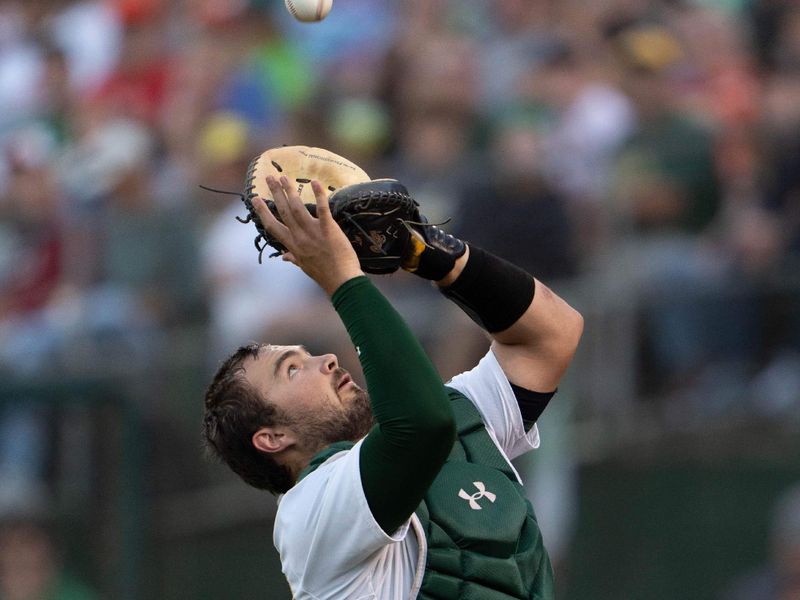 Jul 5, 2024; Oakland, California, USA;  Oakland Athletics catcher Shea Langeliers (23) during the fourth inning against the Baltimore Orioles at Oakland-Alameda County Coliseum. Mandatory Credit: Stan Szeto-USA TODAY Sports