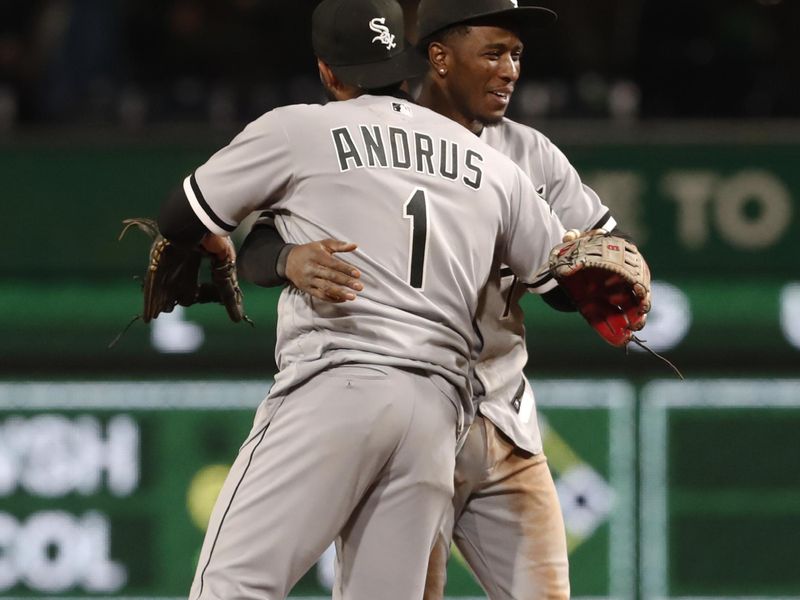 Apr 8, 2023; Pittsburgh, Pennsylvania, USA;  Chicago White Sox second baseman Elvis Andrus (1) and shortstop Tim Anderson (right) celebrate after defeating the Pittsburgh Pirates at PNC Park. Chicago won 11-5, Mandatory Credit: Charles LeClaire-USA TODAY Sports