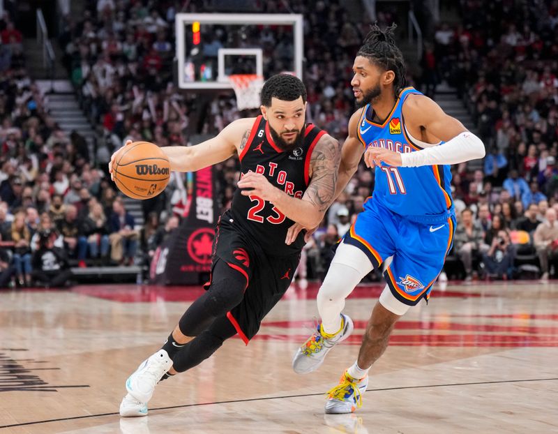TORONTO, ON - MARCH 16: Fred VanVleet #23 of the Toronto Raptors dribbles against Isaiah Joe #11 of the Oklahoma City Thunder during the second half of their basketball game at the Scotiabank Arena on March 16, 2023 in Toronto, Ontario, Canada. NOTE TO USER: User expressly acknowledges and agrees that, by downloading and/or using this Photograph, user is consenting to the terms and conditions of the Getty Images License Agreement. (Photo by Mark Blinch/Getty Images)