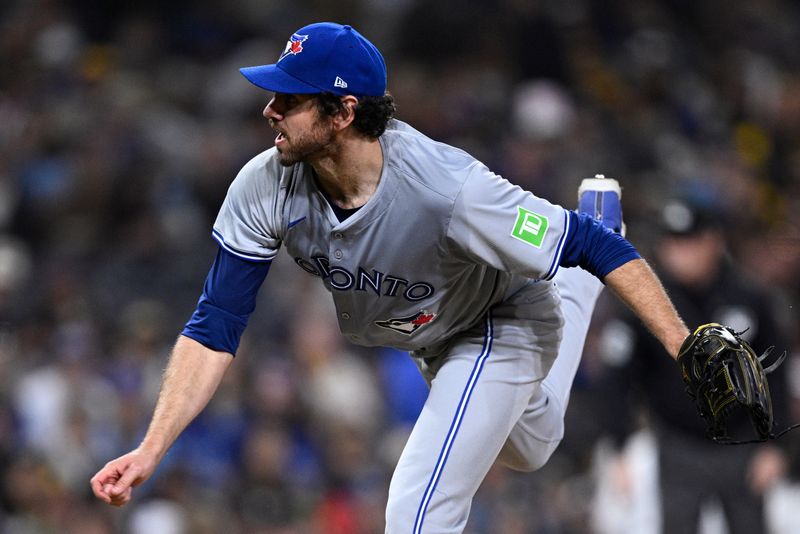 Apr 20, 2024; San Diego, California, USA; Toronto Blue Jays relief pitcher Jordan Romano (68) throws a pitch against the San Diego Padres during the ninth inning at Petco Park. Mandatory Credit: Orlando Ramirez-USA TODAY Sports