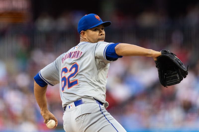 May 16, 2024; Philadelphia, Pennsylvania, USA; New York Mets pitcher Jose Quintana (62) throws a pitch during the second inning against the Philadelphia Phillies at Citizens Bank Park. Mandatory Credit: Bill Streicher-USA TODAY Sports