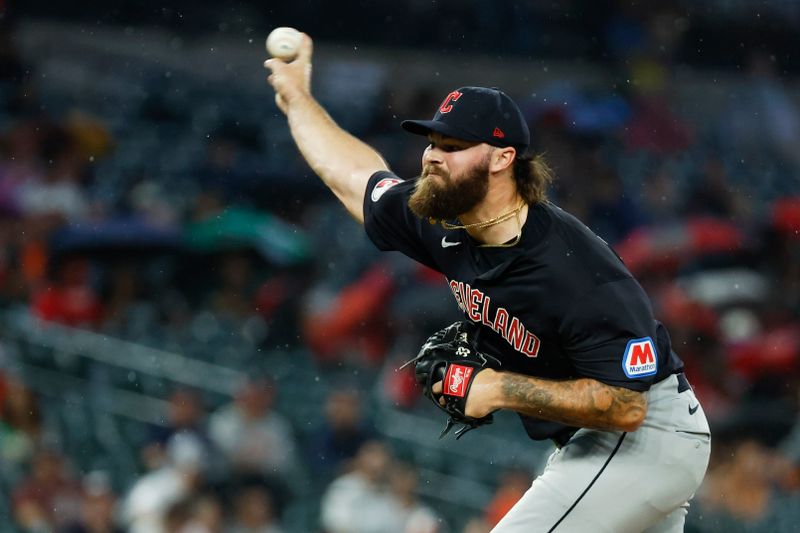 Jul 9, 2024; Detroit, Michigan, USA;  Cleveland Guardians pitcher Hunter Gaddis (33) pitches in the eighth inning against the Detroit Tigers at Comerica Park. Mandatory Credit: Rick Osentoski-USA TODAY Sports