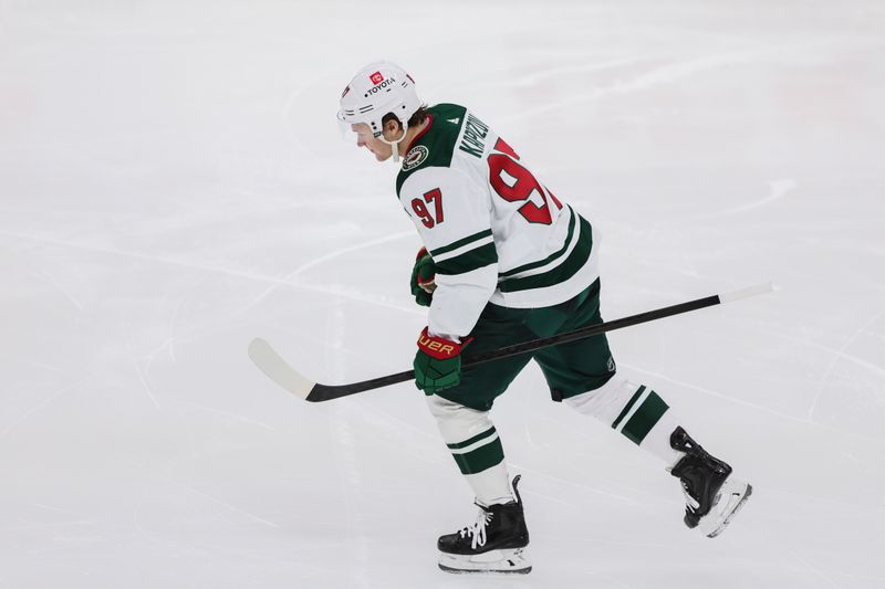 Jan 19, 2024; Sunrise, Florida, USA; Minnesota Wild left wing Kirill Kaprizov (97) looks on after scoring against the Florida Panthers during the third period at Amerant Bank Arena. Mandatory Credit: Sam Navarro-USA TODAY Sports