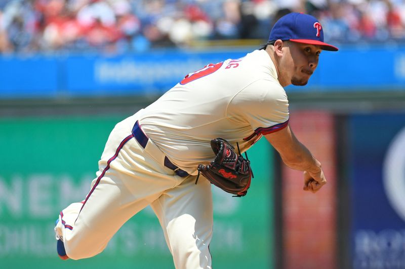 Jul 14, 2024; Philadelphia, Pennsylvania, USA; Philadelphia Phillies pitcher Orion Kerkering (50) throws a pitch against the Oakland Athletics during the first inning at Citizens Bank Park. Mandatory Credit: Eric Hartline-USA TODAY Sports